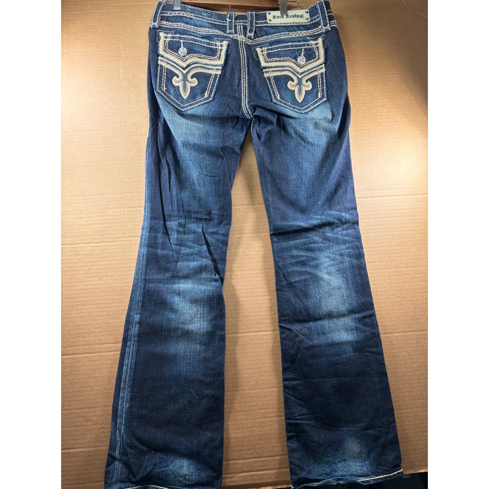Rock Revival Kai Bootcut Jeans Womens 32 Dark Wash Blue Thick Stitch Distressed